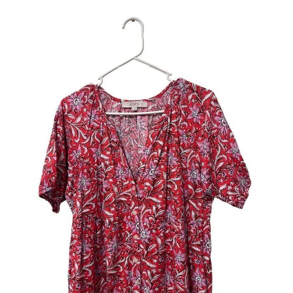 LOFT Puff Sleeve Split Neck Floral Tiered Pocket Shirt Dress Red Size Medium - Picture 3 of 13